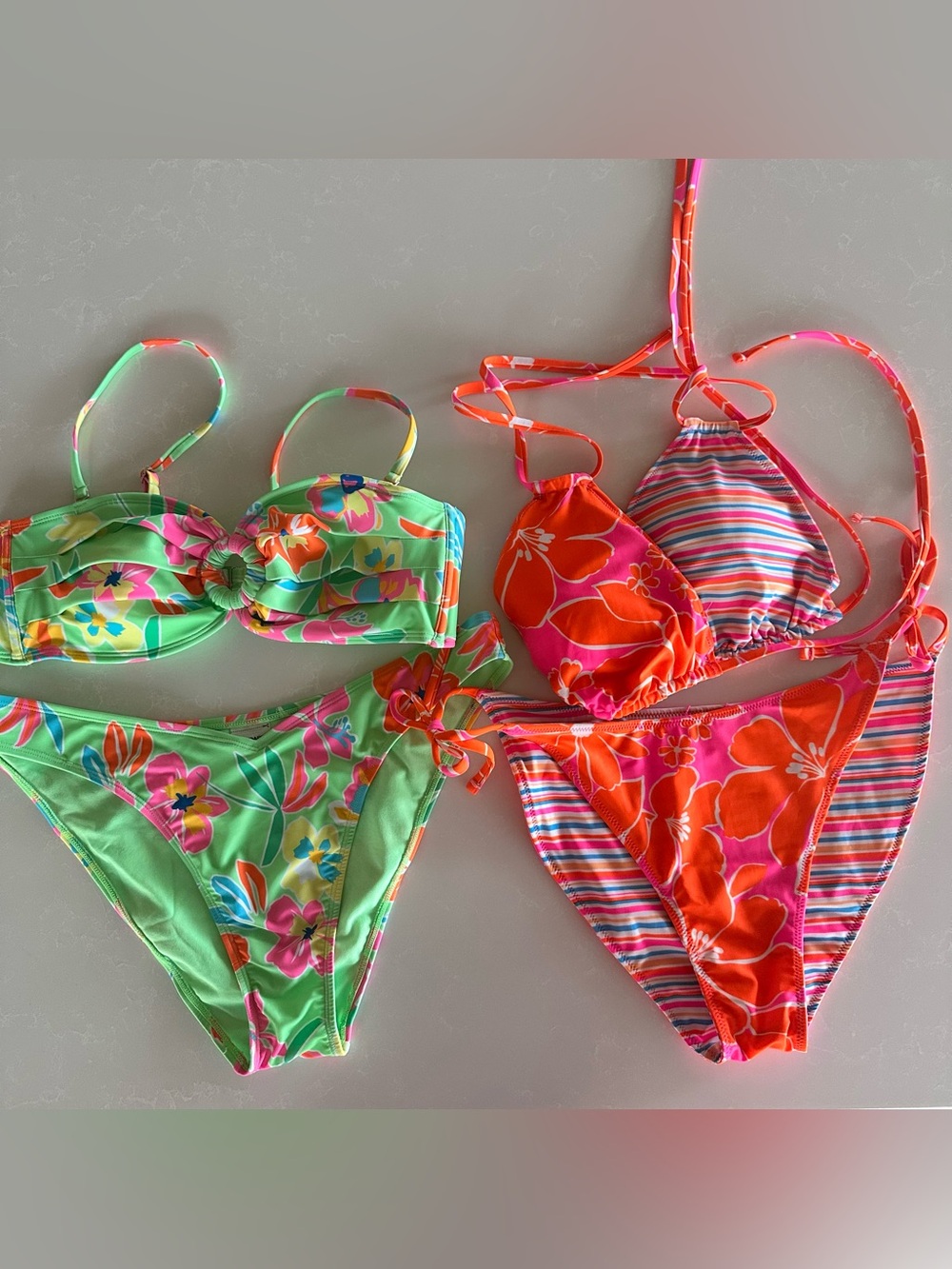 Bundle Vibrant Floral Two-Piece Bikini Set - Neon Green & Hot Pink/Orange